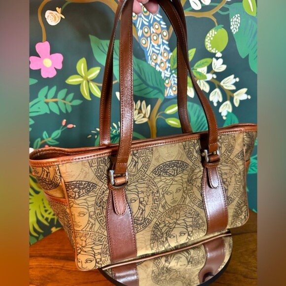 GIANI VERSACE Handbags - VERSACE Medium Medusa Hologram Logo Jacquard Canvas & Leather Tote